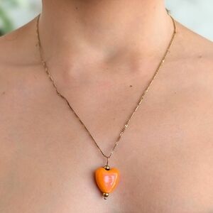 Gold Chain Necklace with Orange Heart Pendant